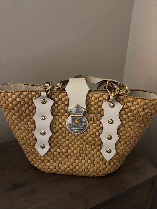 Michael Kors Handbags - Michael Kors Woven Straw Tote with White Leather Trim and Gold Hardware